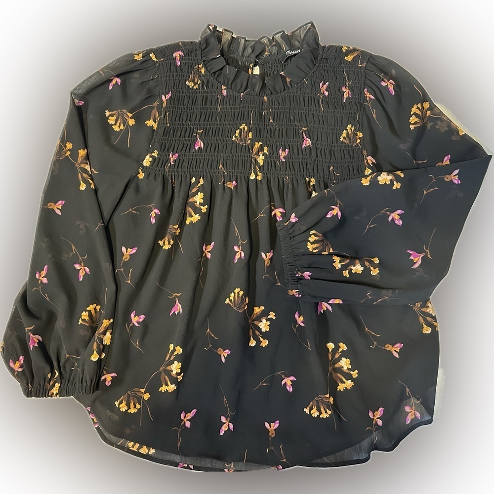 MADEWELL Floral Tunic Blouse Black With Purple/Yellow Flowers Size S‎
